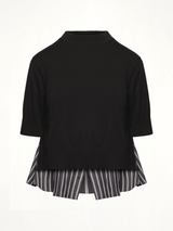 Poplin x Knit Pullover in Black/Dark Navy Stripe