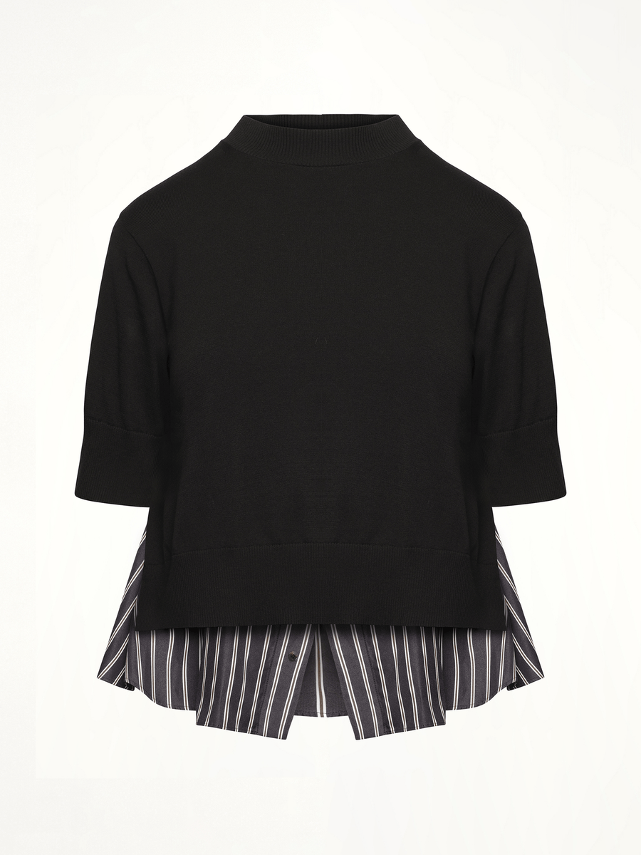 Poplin x Knit Pullover in Black/Dark Navy Stripe