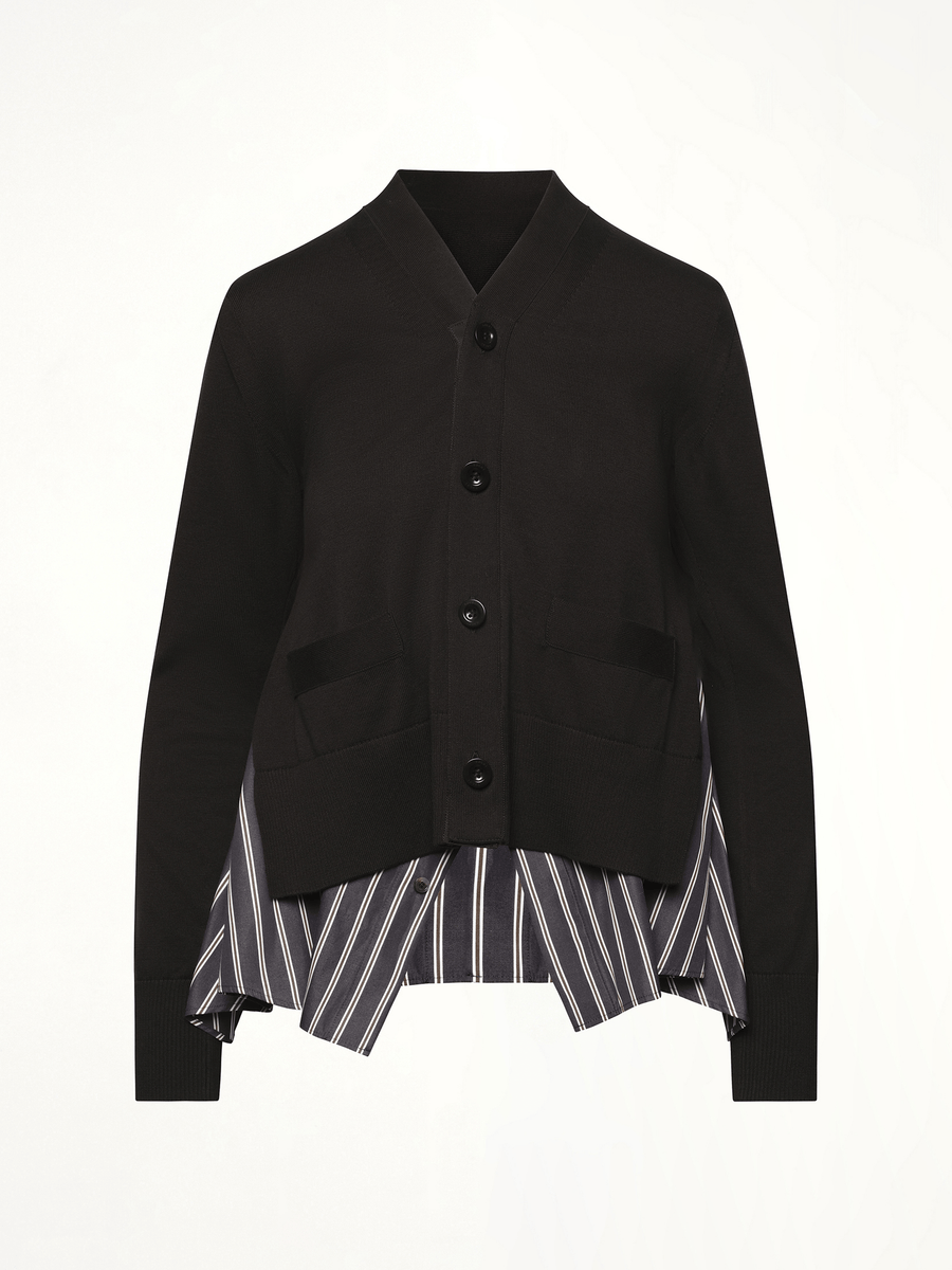Poplin x Knit Cardigan in Black/Dark Navy Stripe