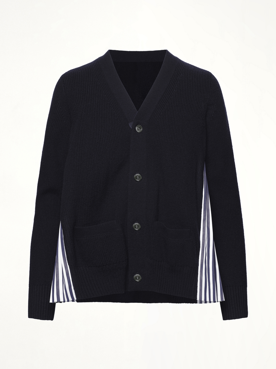 Wool Knit x Cotton Poplin Cardigan in Navy/NavyStripe