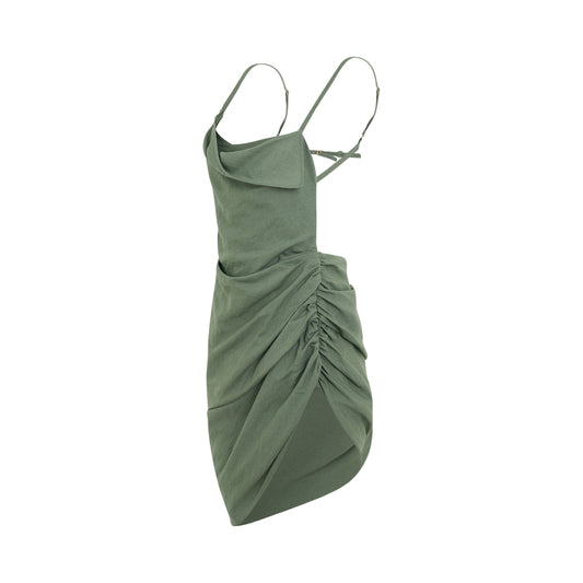 Saudade Asymmetric Draped mini Dress in Khaki