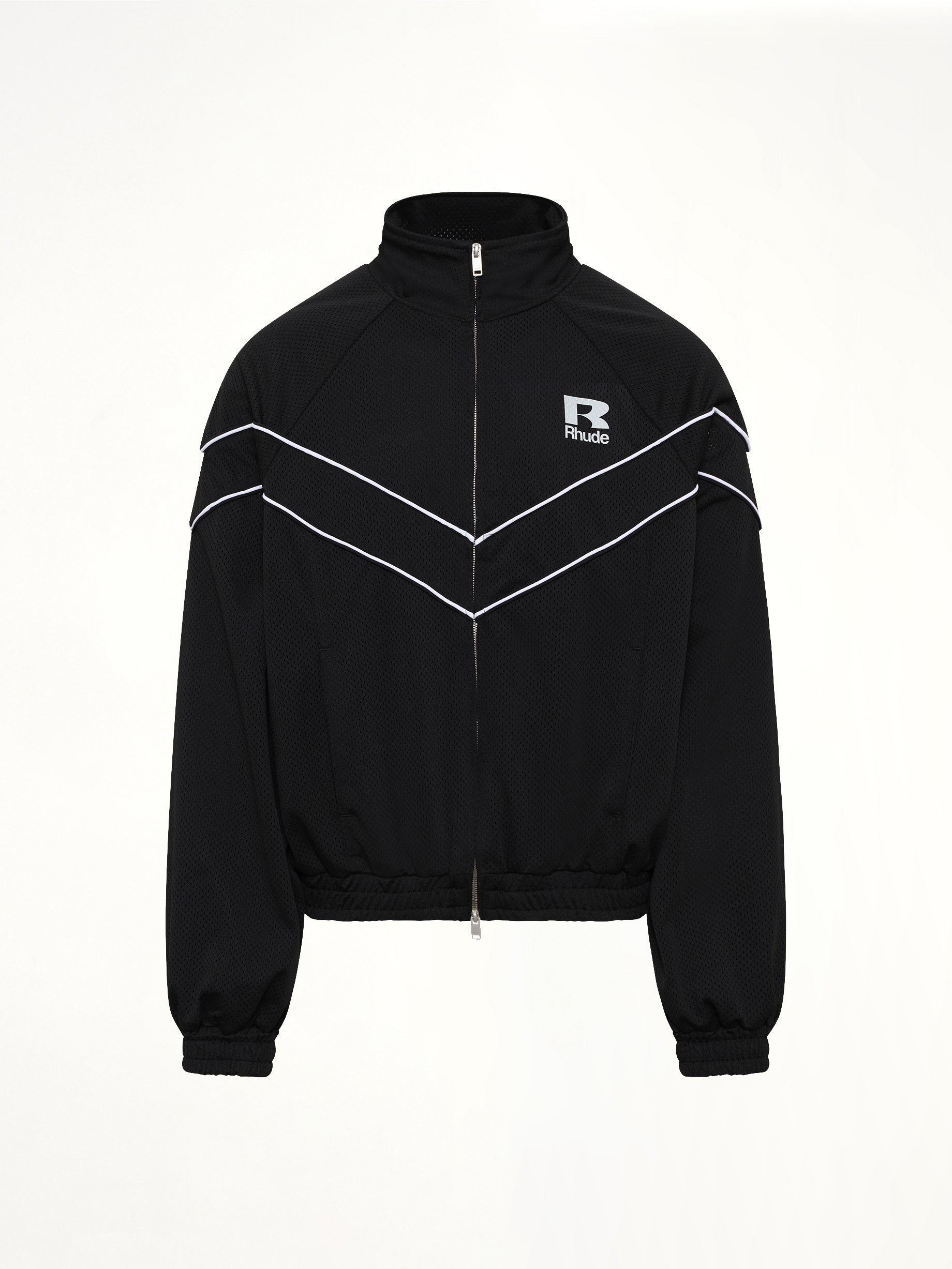 RHUDE Rhude Mesh Piping Raglan Track Jacket in Black/White Product Photo from MARAIS