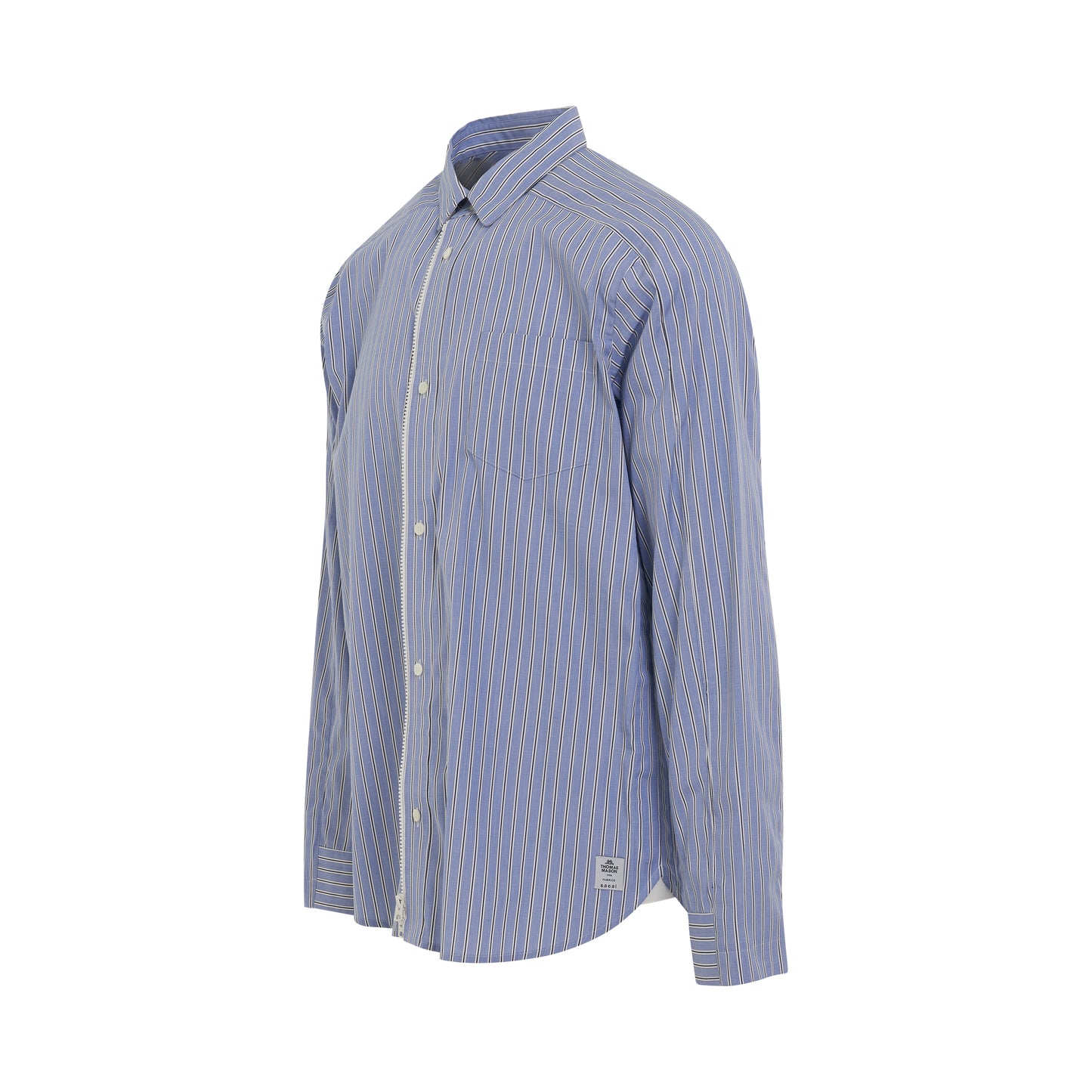 Thomas Mason Cotton Poplin Long Sleeve Shirt in Blue Stripe