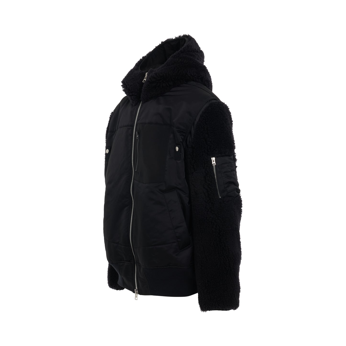 Faux Shearling x Nylon Twill Blouson in Black