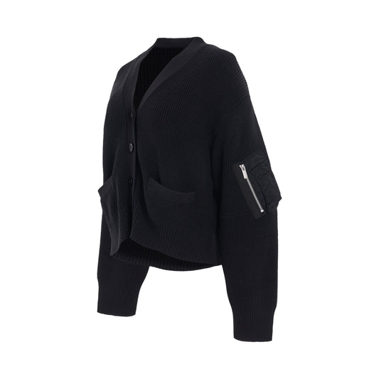 Nylon Twill x Knit Cardigan in Black