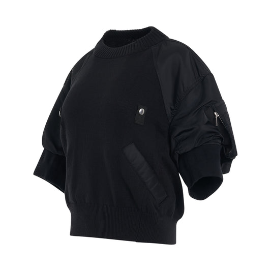 Nylon Twill & Knit Pullover in Black