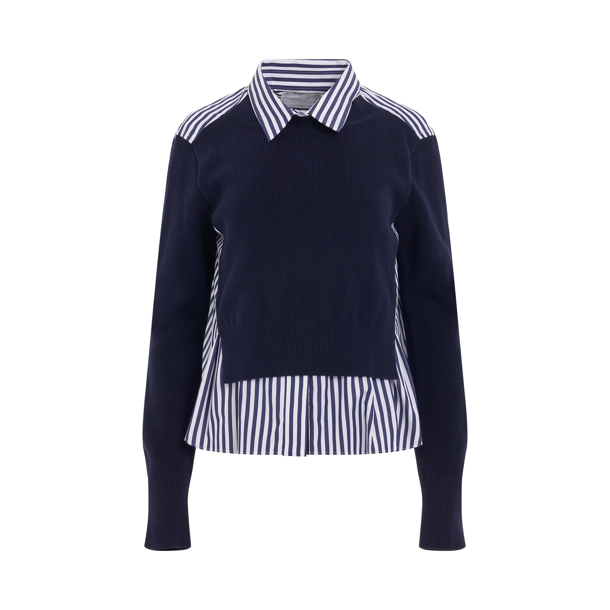 Cotton Poplin x Knit Pullover in Navy Stripe