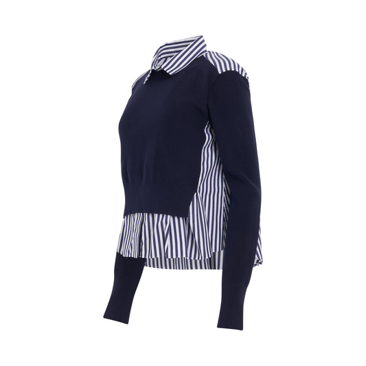 Cotton Poplin x Knit Pullover in Navy Stripe