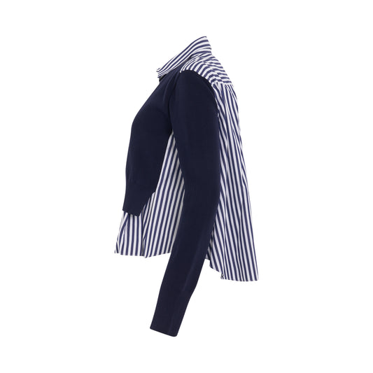 Cotton Poplin x Knit Pullover in Navy Stripe