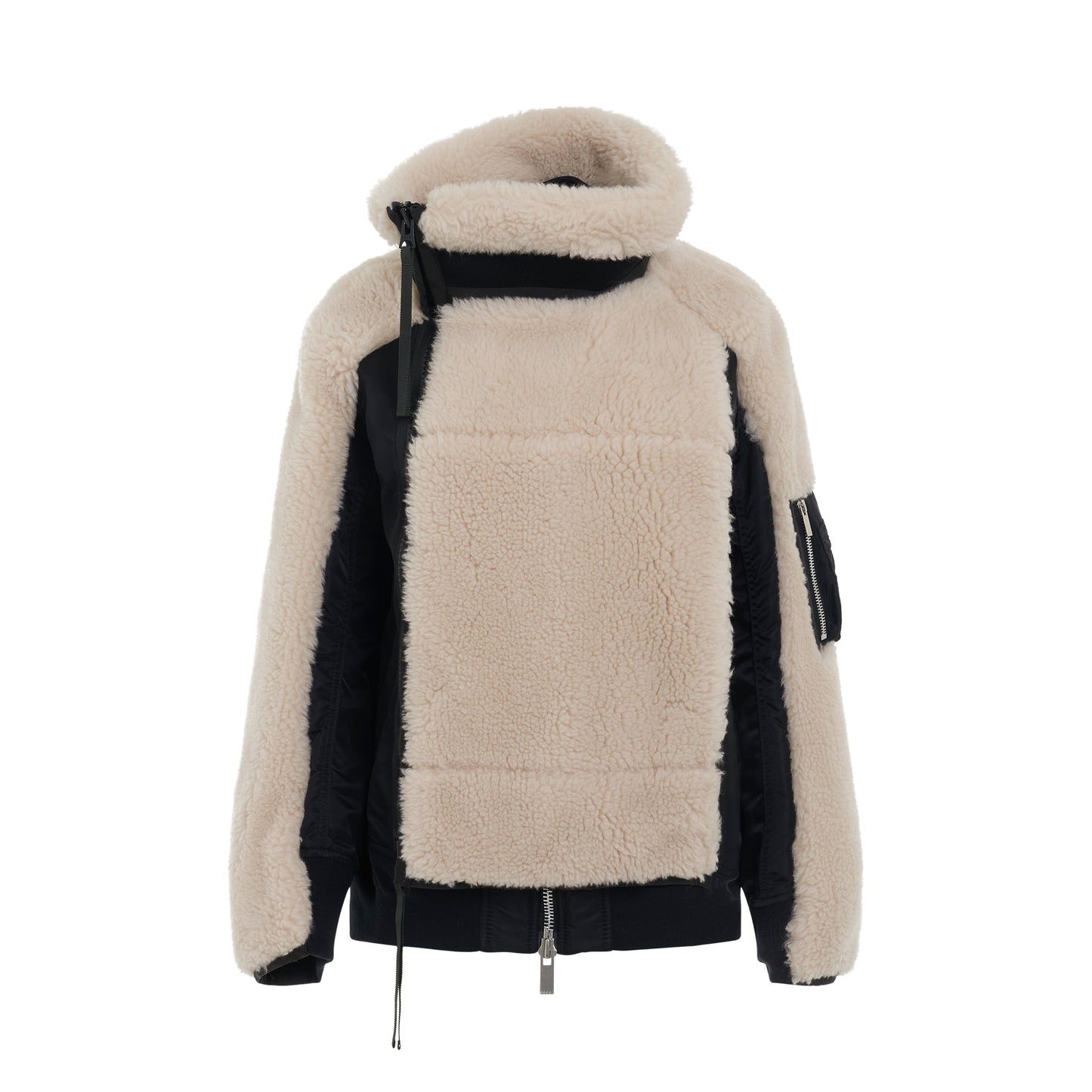 Faux Shearling x Nylon Twill Blouson in Black/Ecru