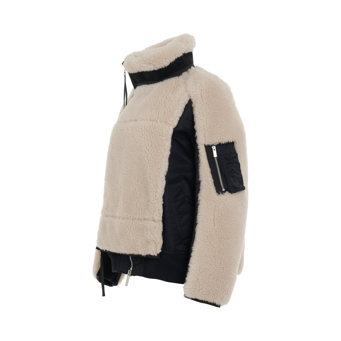 Faux Shearling x Nylon Twill Blouson in Black/Ecru