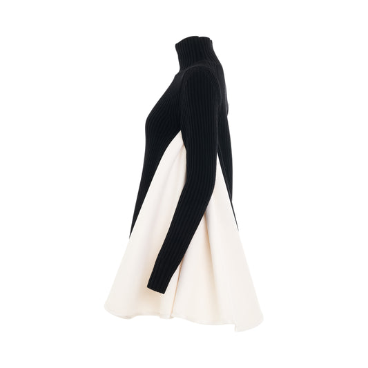 Wool Knit x Satin Bonding Dress in Black/Off White