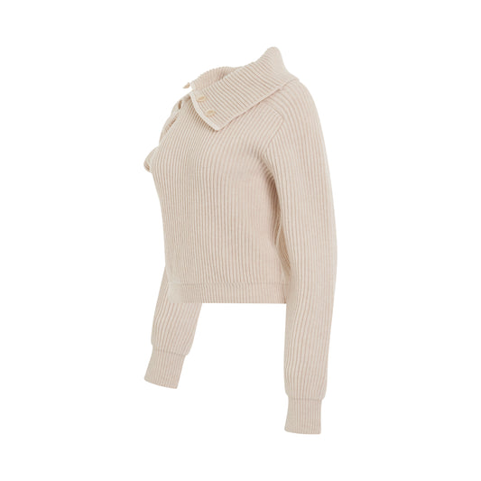 Vega Asymmetric Collar Knit Sweater in Light Beige