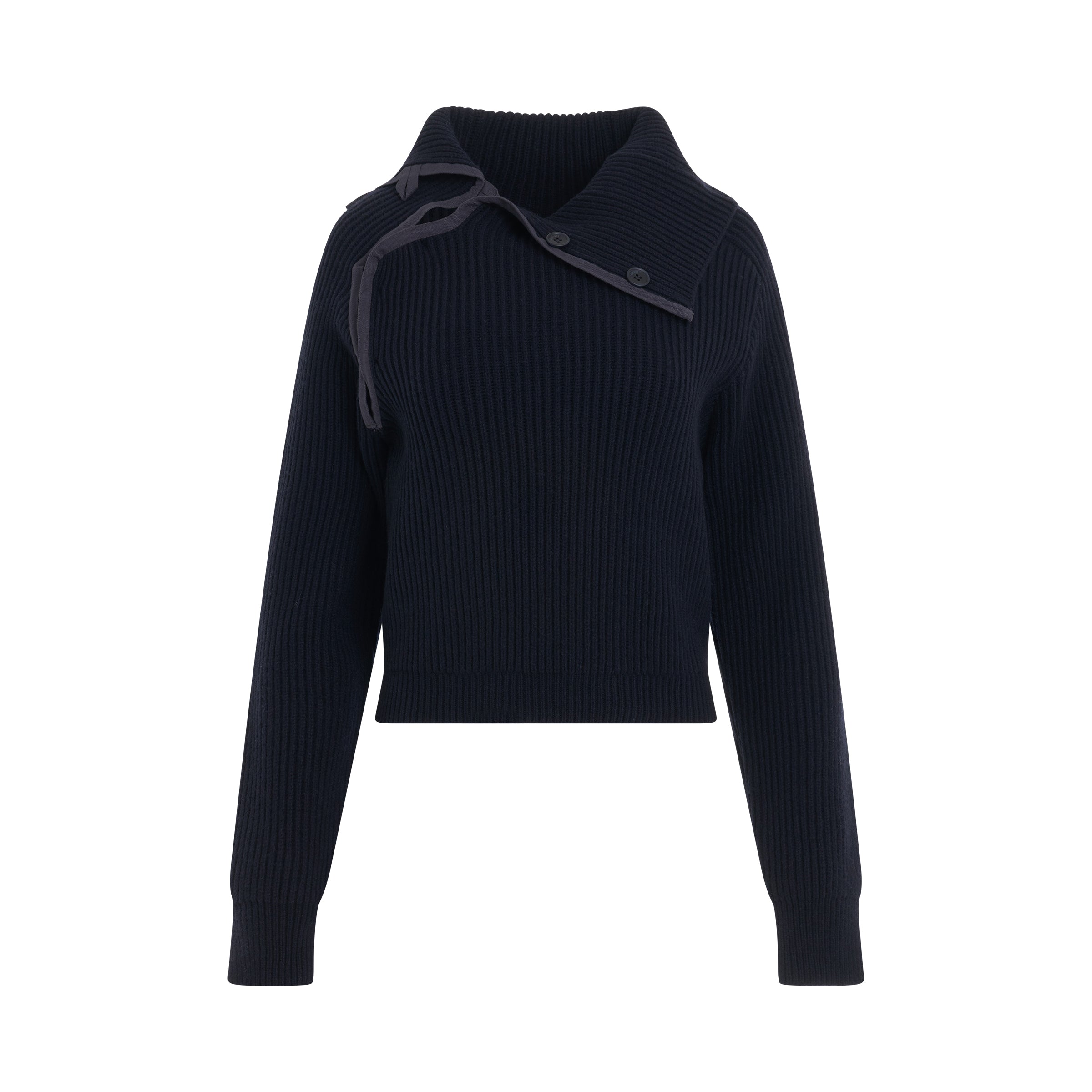 Vega Asymmetric Collar Knit Sweater in Navy