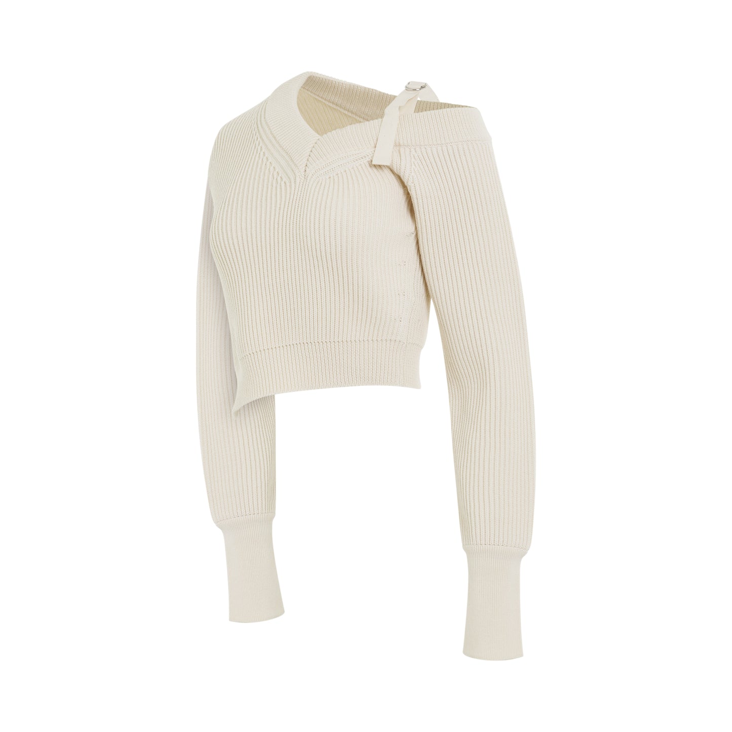 Seville Asymmetric Buckle Strap Knit Sweater in Off-White