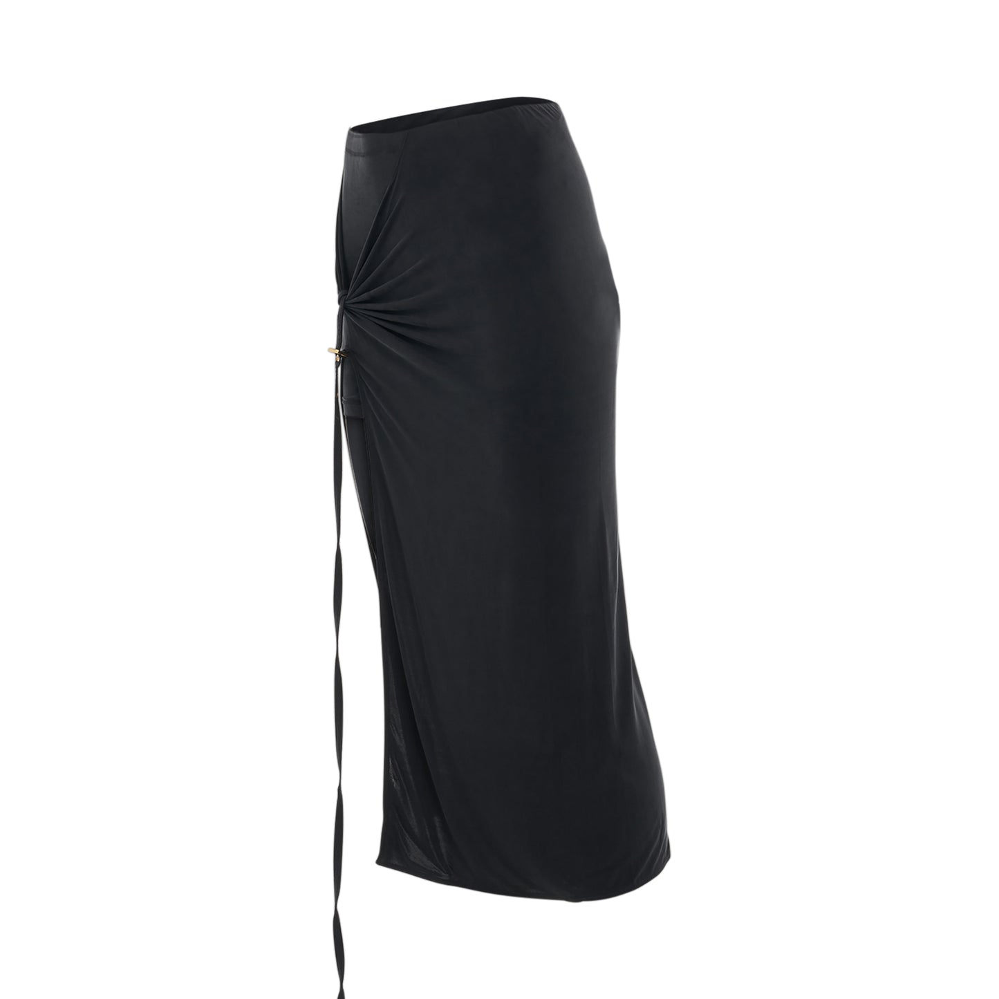 Pareo Croissant Buckle Slit Long Skirt in Black