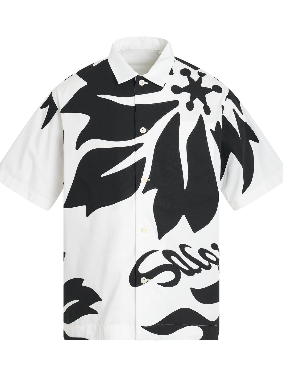 Floral Embroidered Patch Cotton Poplin Shirt in Off White/Black