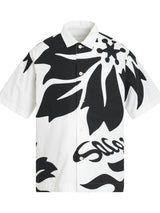 Floral Embroidered Patch Cotton Poplin Shirt in Off White/Black