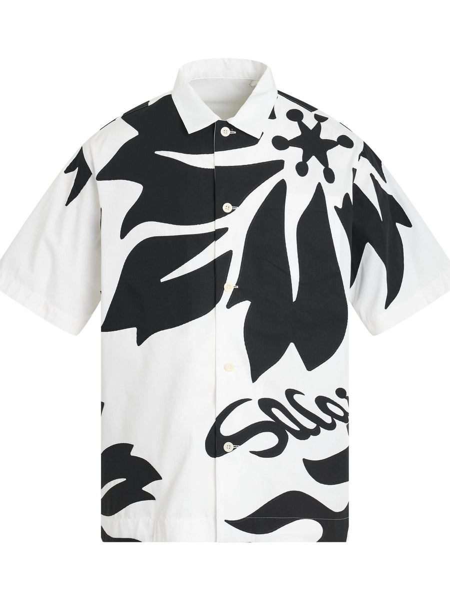Floral Embroidered Patch Cotton Poplin Shirt in Off White/Black