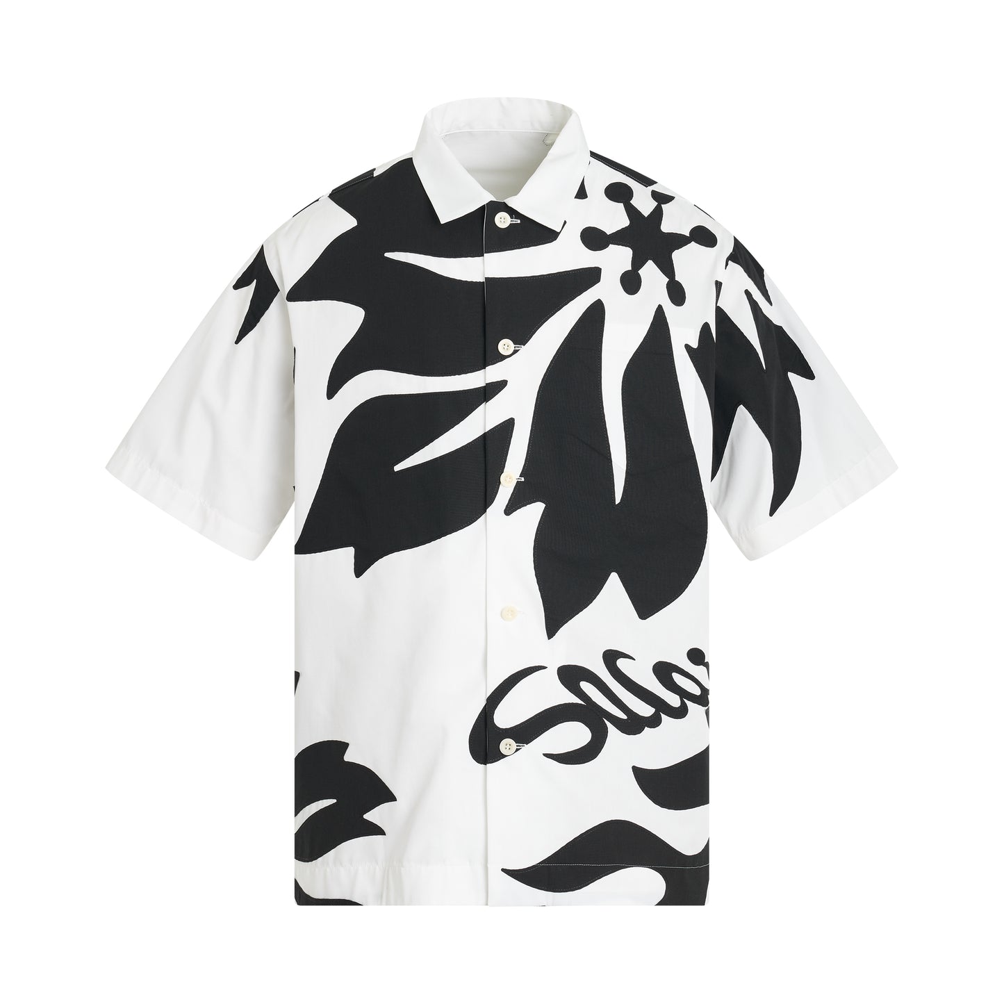 Floral Embroidered Patch Cotton Poplin Shirt in Off White/Black