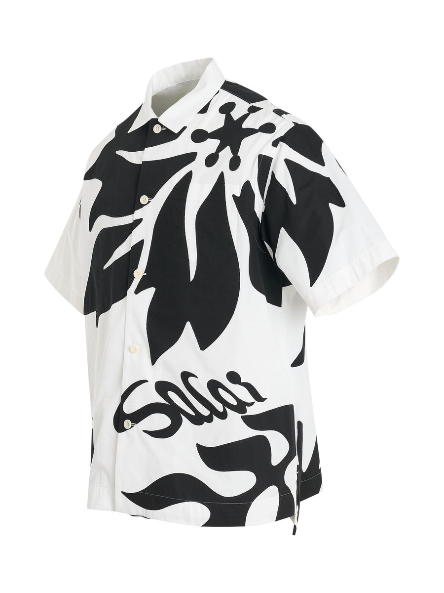 Floral Embroidered Patch Cotton Poplin Shirt in Off White/Black