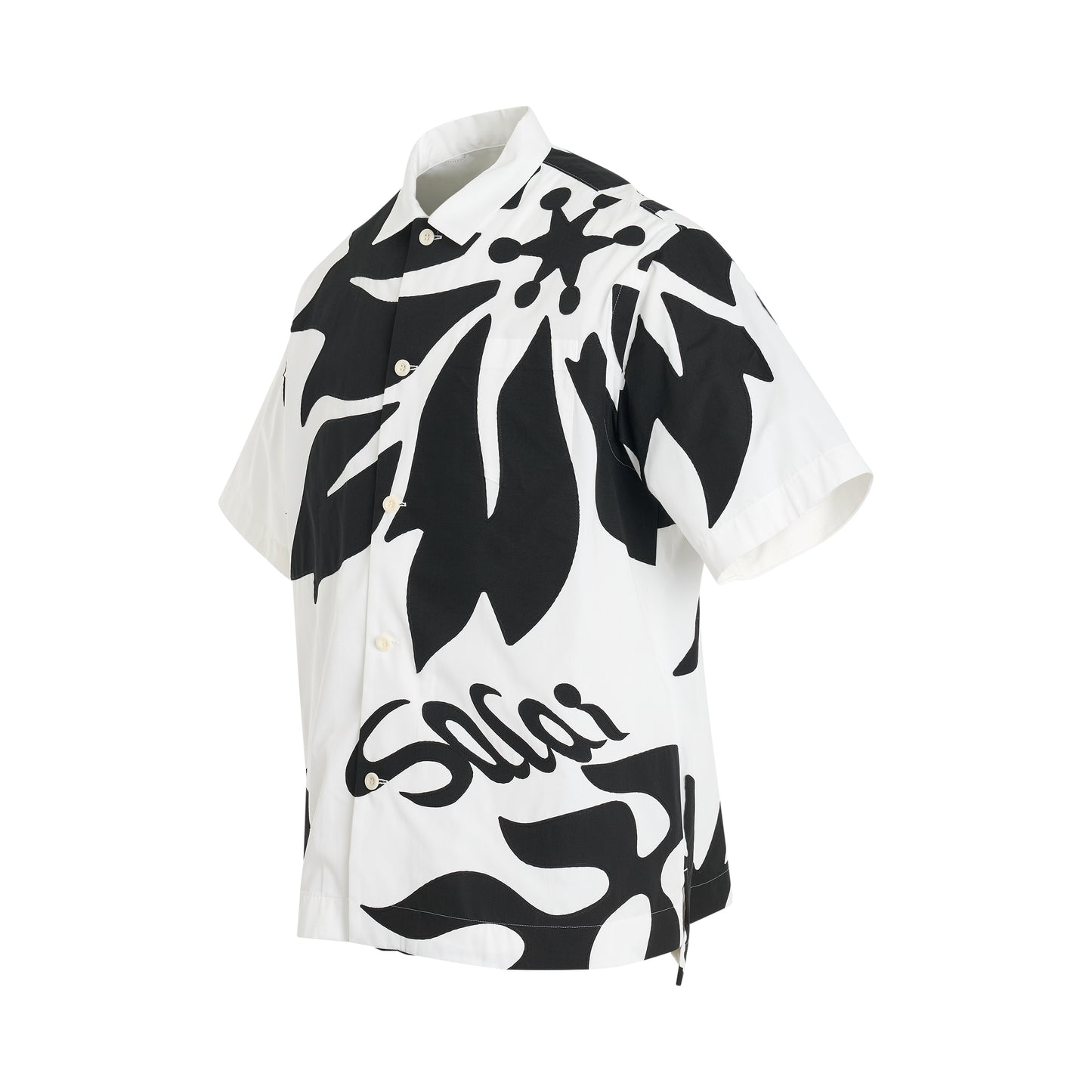 Floral Embroidered Patch Cotton Poplin Shirt in Off White/Black
