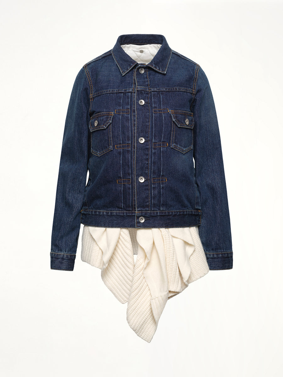Denim x Wool Knit Jacket in Blue/Off White