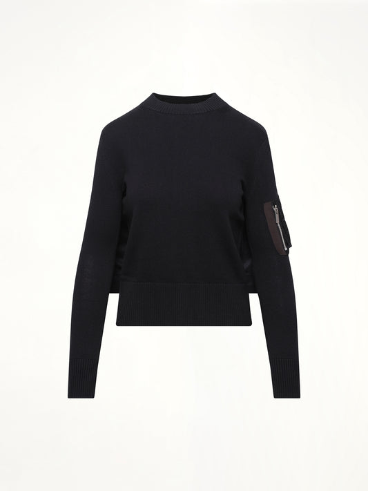 Nylon Twill x Cotton Knit Pullover in Black