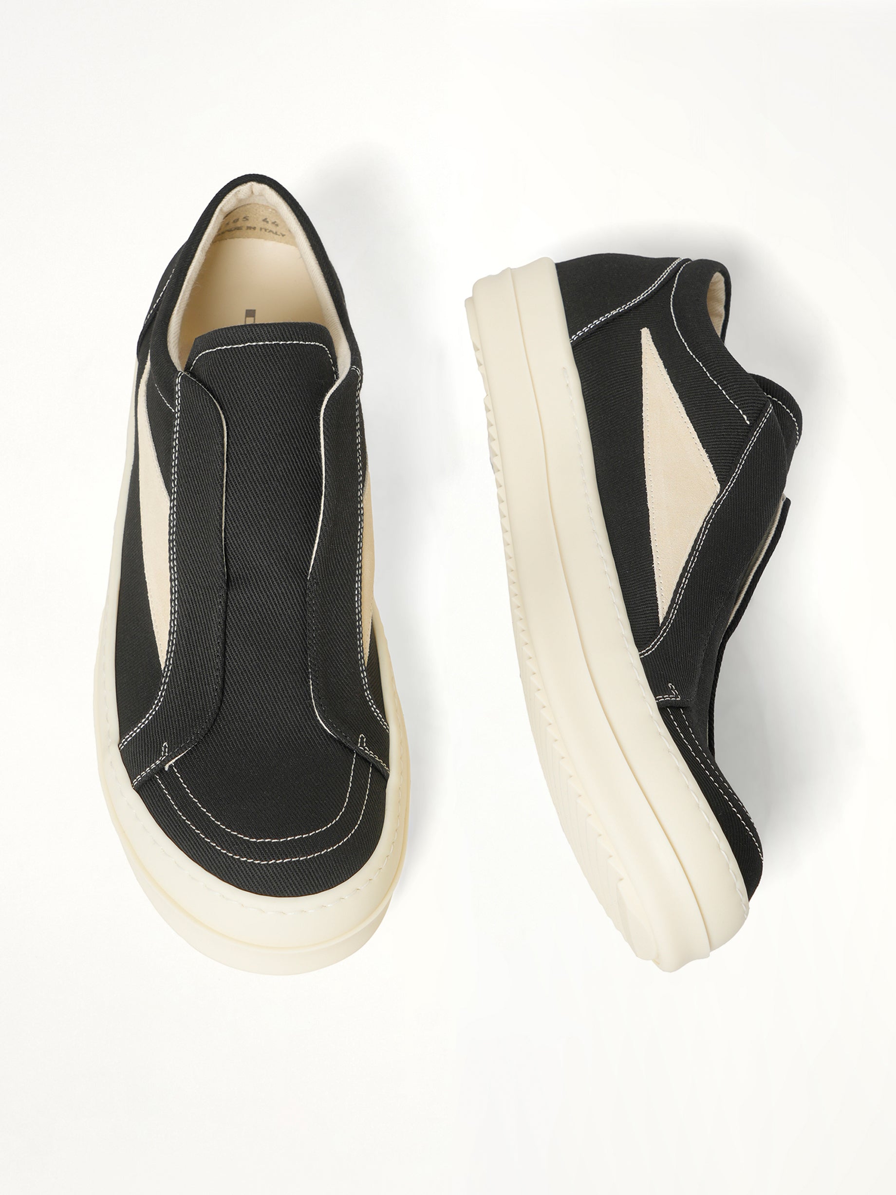 Laceless Vintage Sneaks in Black/Milk/Milk Top View | RICK OWENS DRKSHDW
