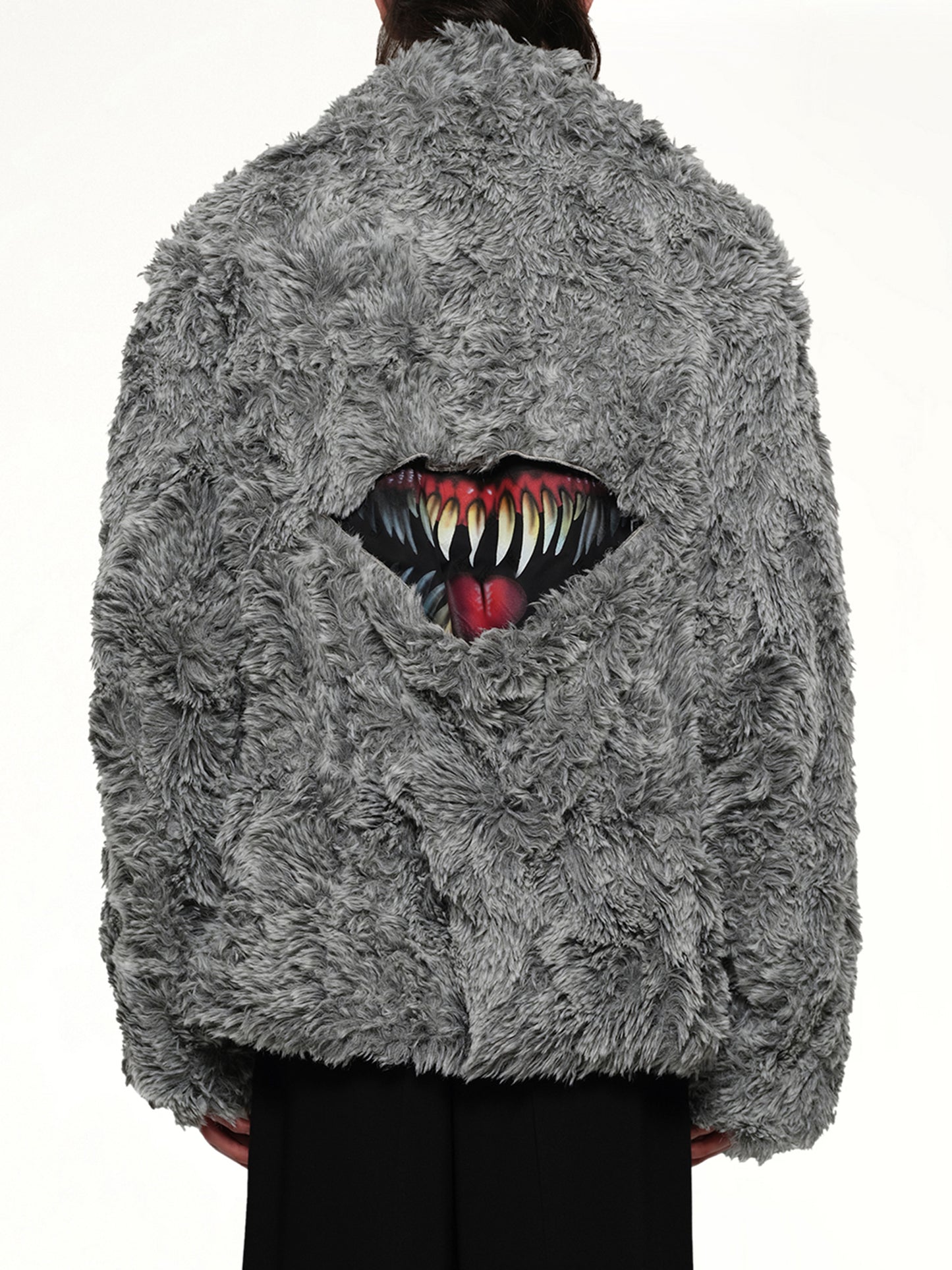 Sinister Mouth Faux Fur Jacket in Grey