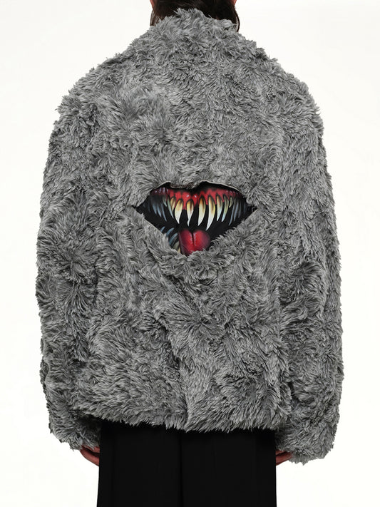 Sinister Mouth Faux Fur Jacket in Grey