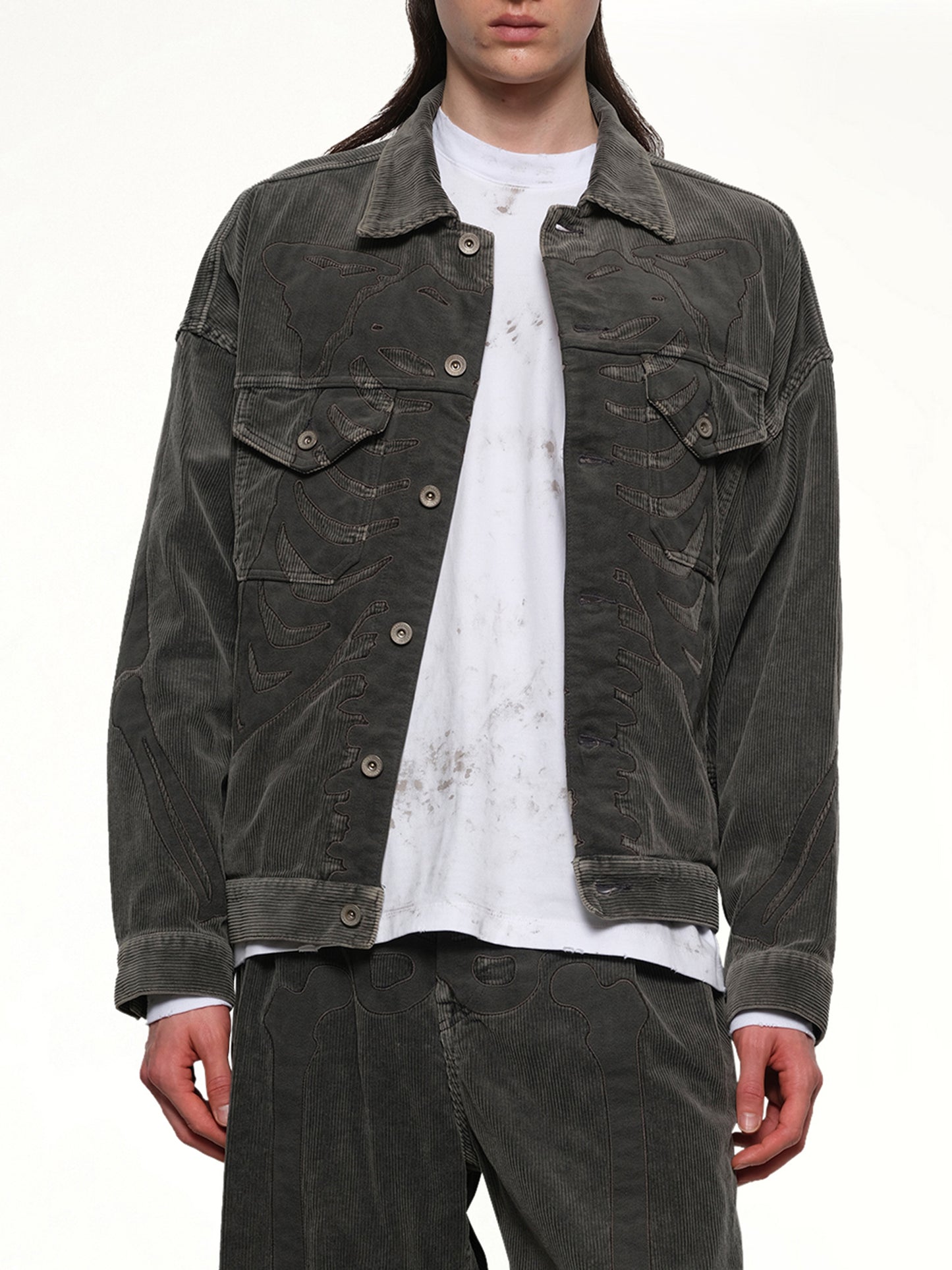 Bone Applique Corduroy Jacket in Grey