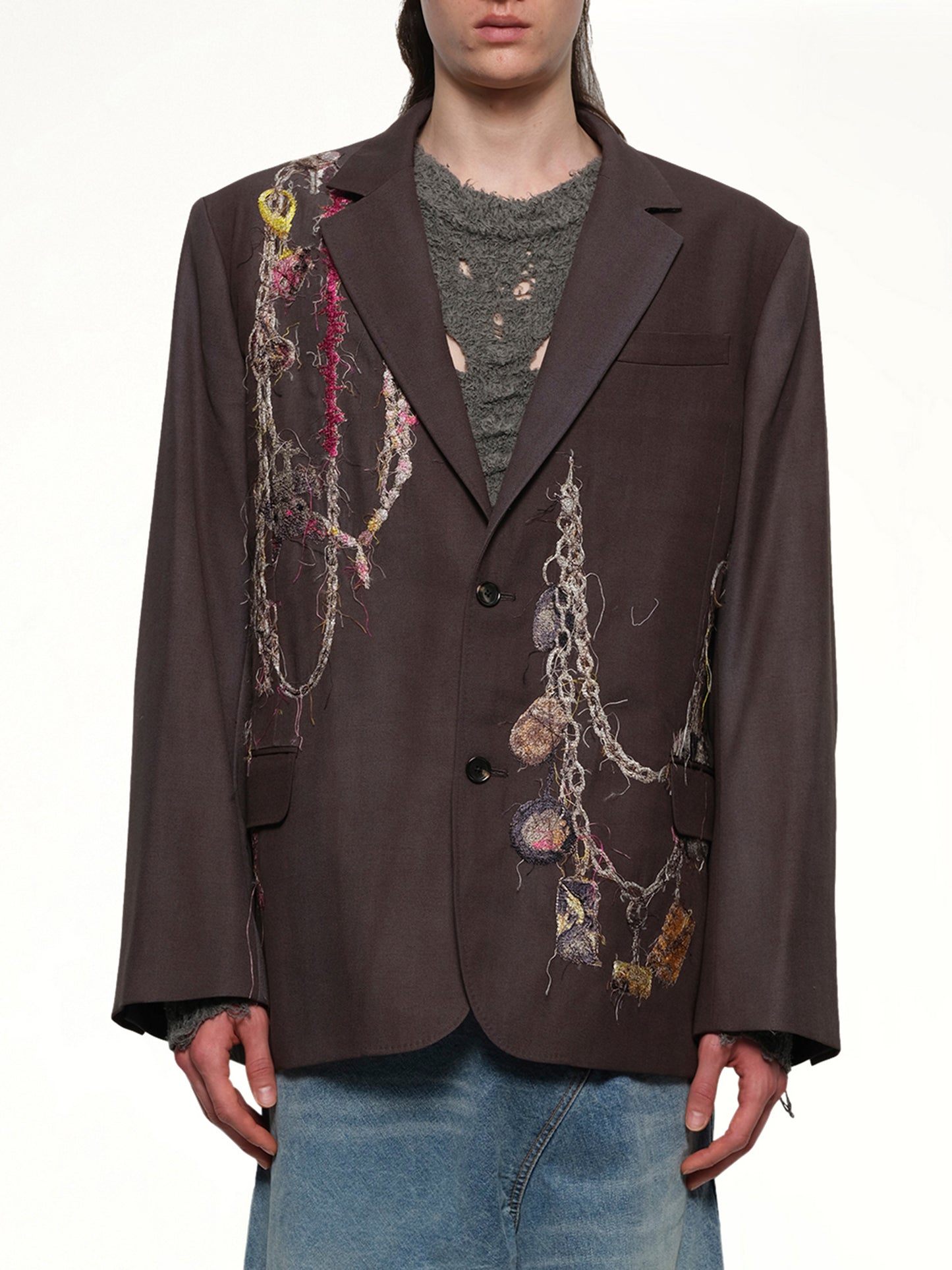 Embroidered Chain Tailored Jacket in Charcoal