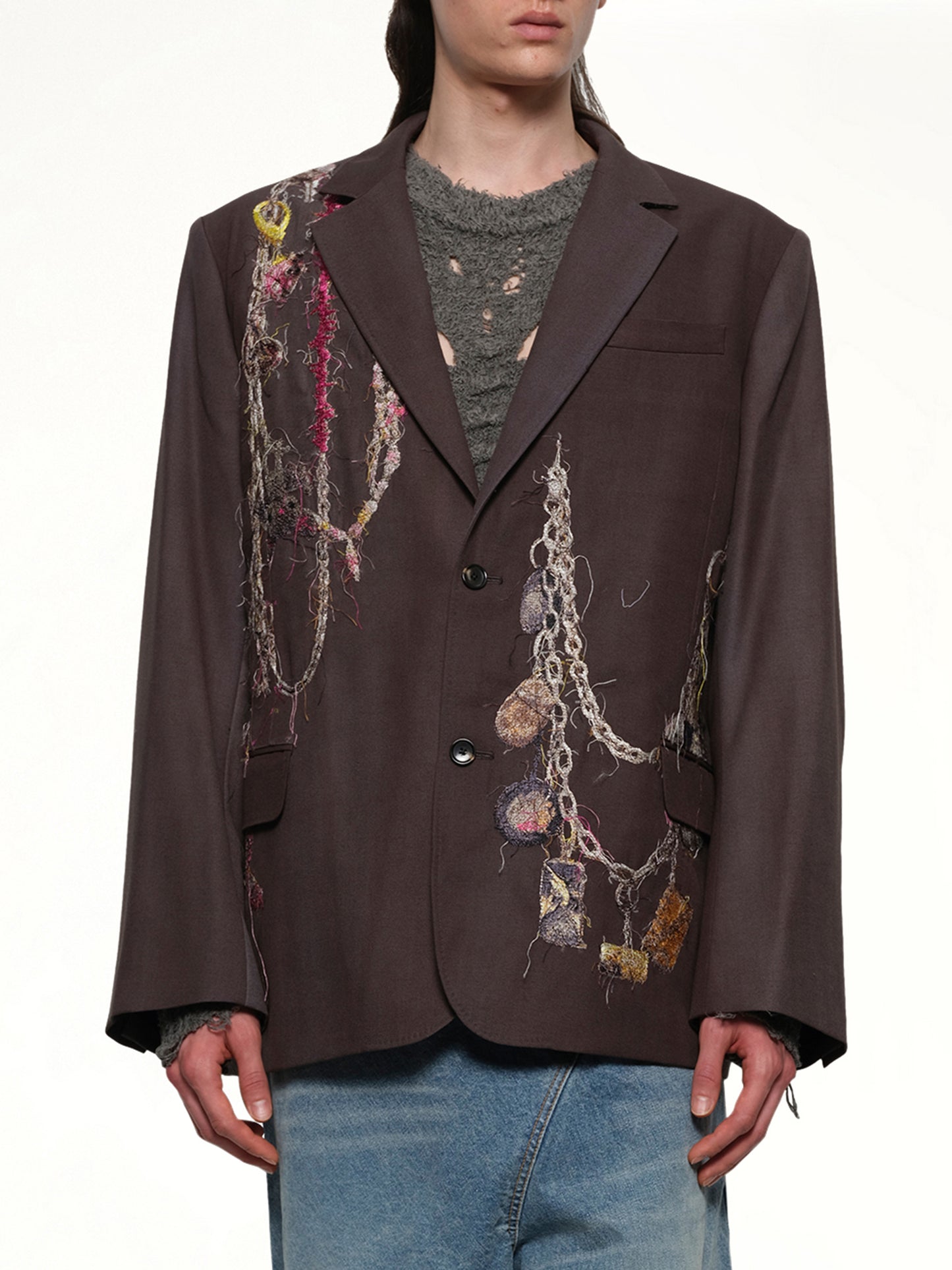 Embroidered Chain Tailored Jacket in Charcoal