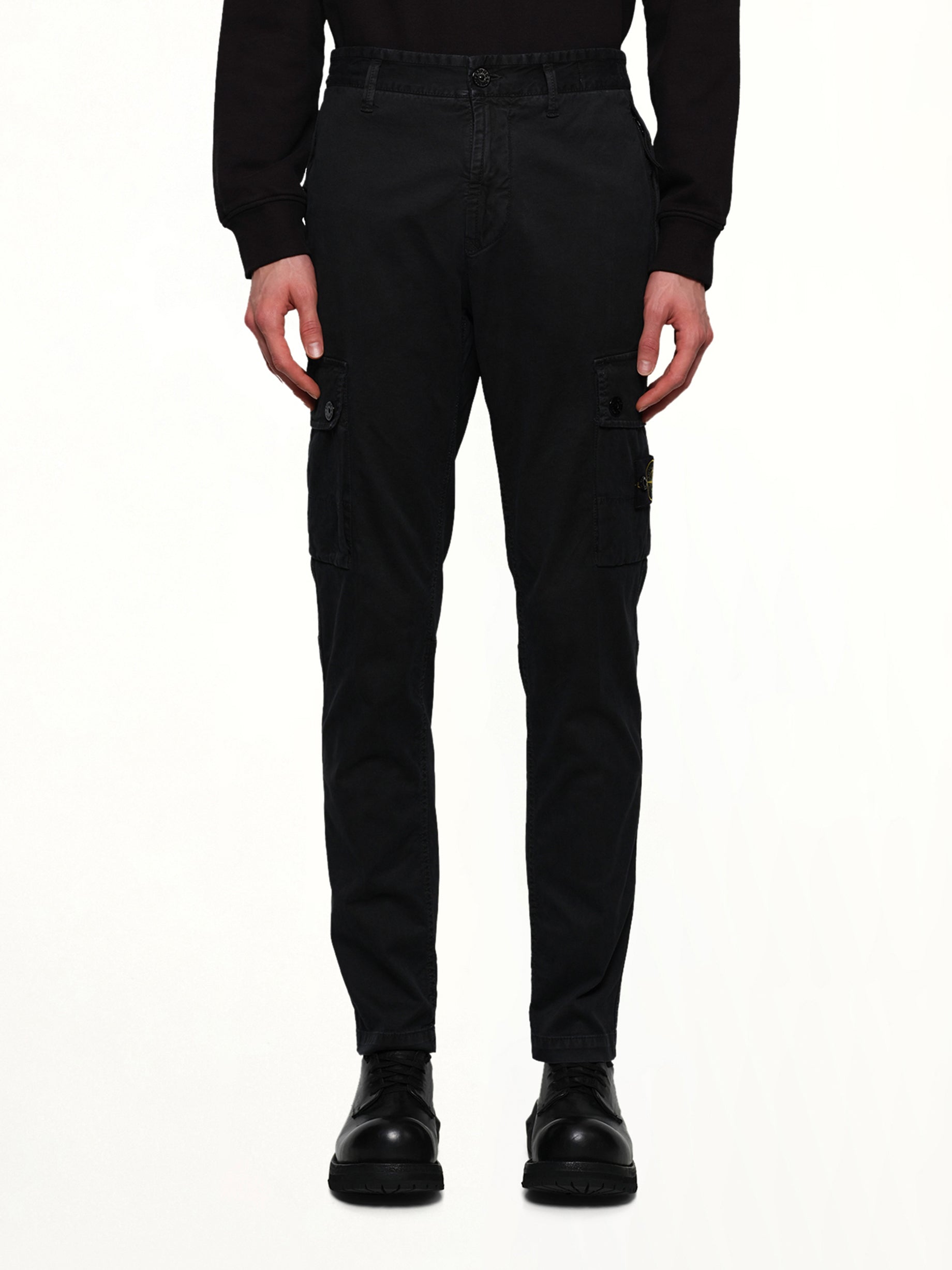 3100034 Stretch Organic Broken Twill Cotton 'Old' Effect Cargo Pants in Black