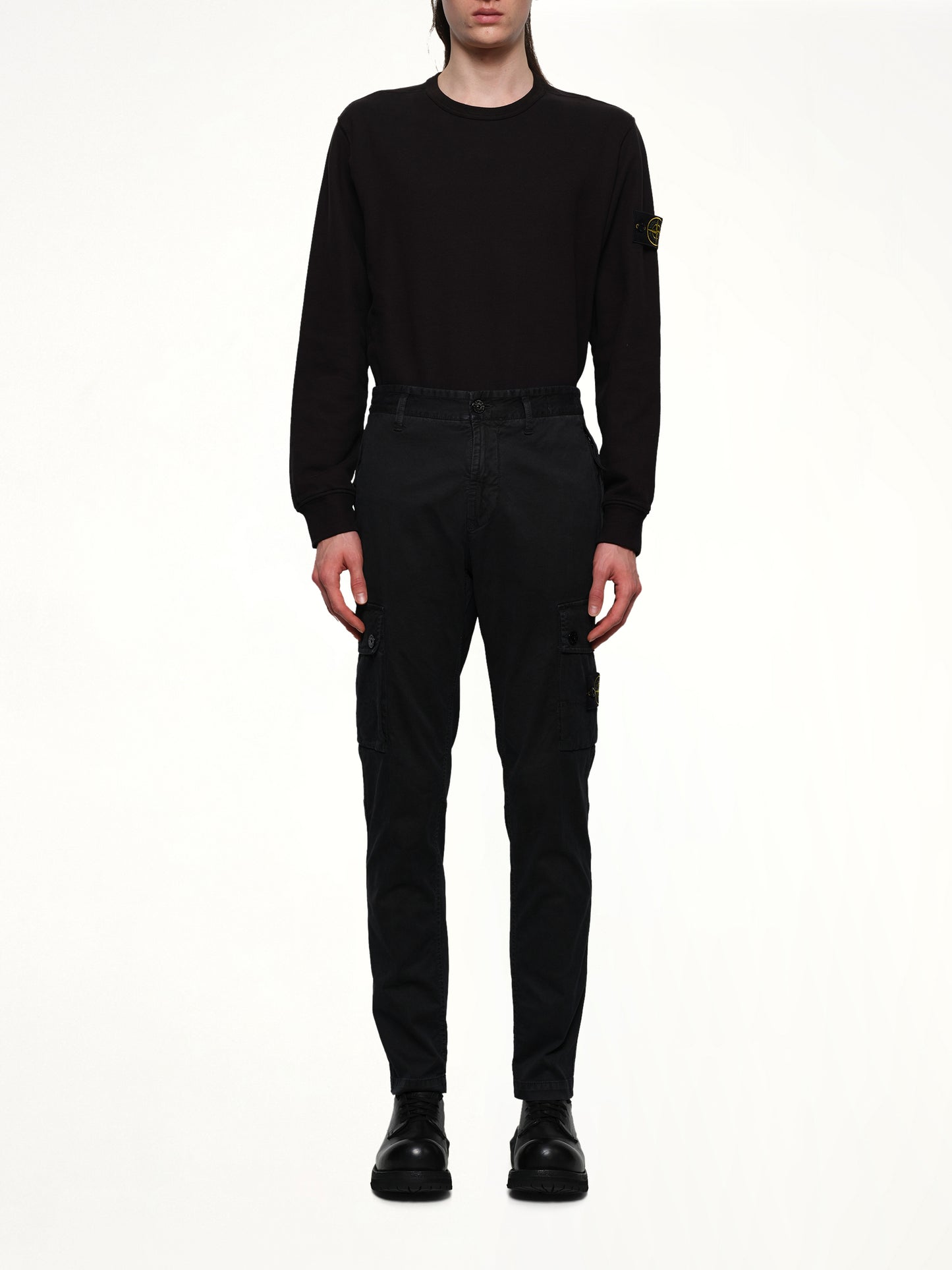 3100034 Stretch Organic Broken Twill Cotton 'Old' Effect Cargo Pants in Black