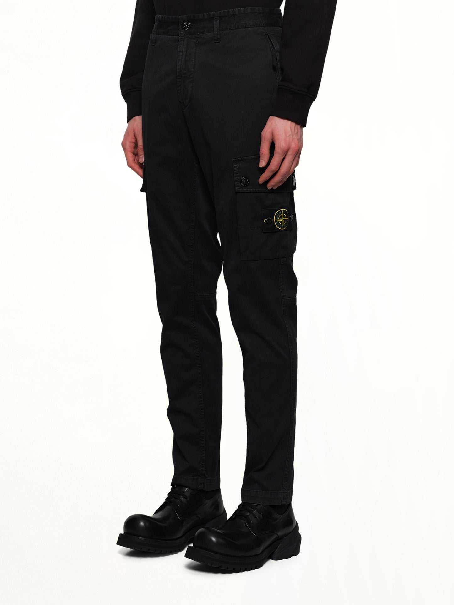 3100034 Stretch Organic Broken Twill Cotton 'Old' Effect Cargo Pants in Black