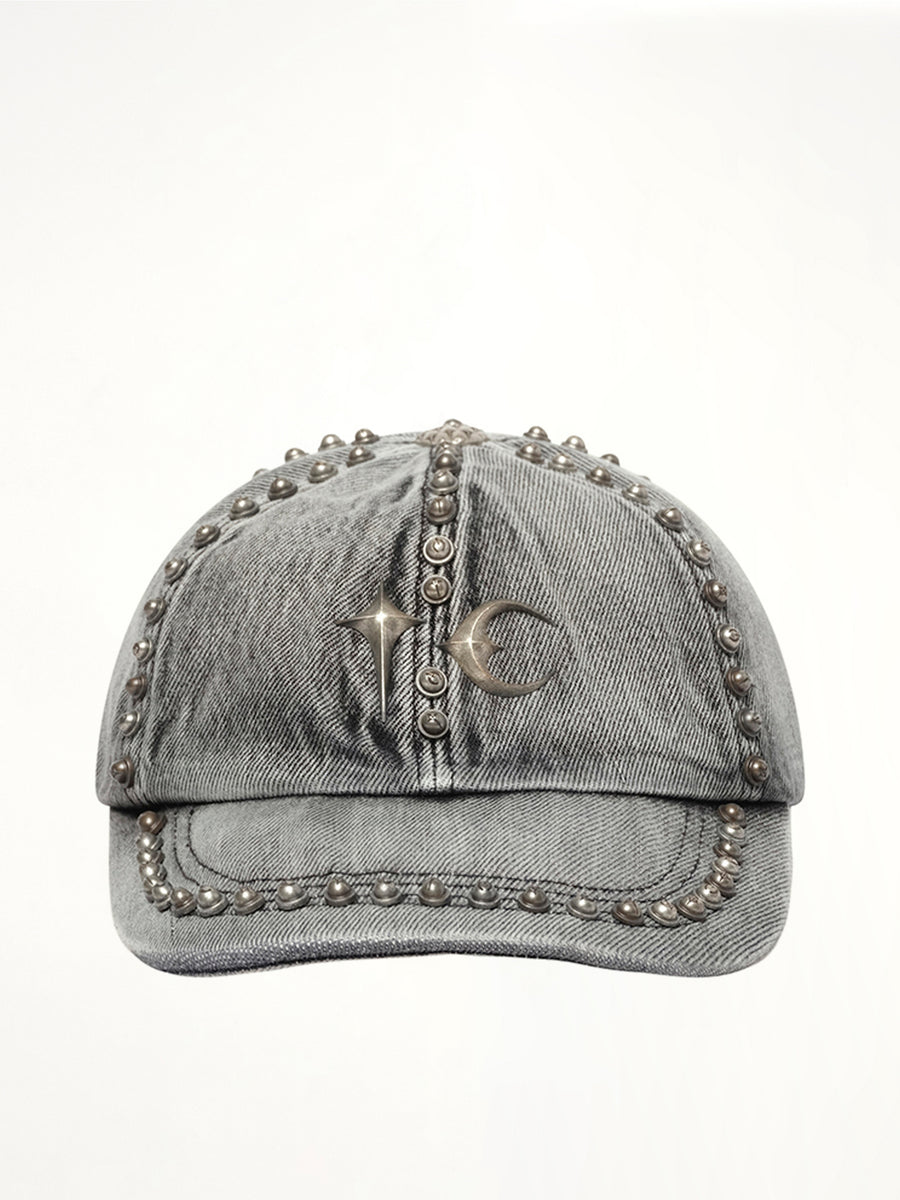 Studded Denim Cap in Black
