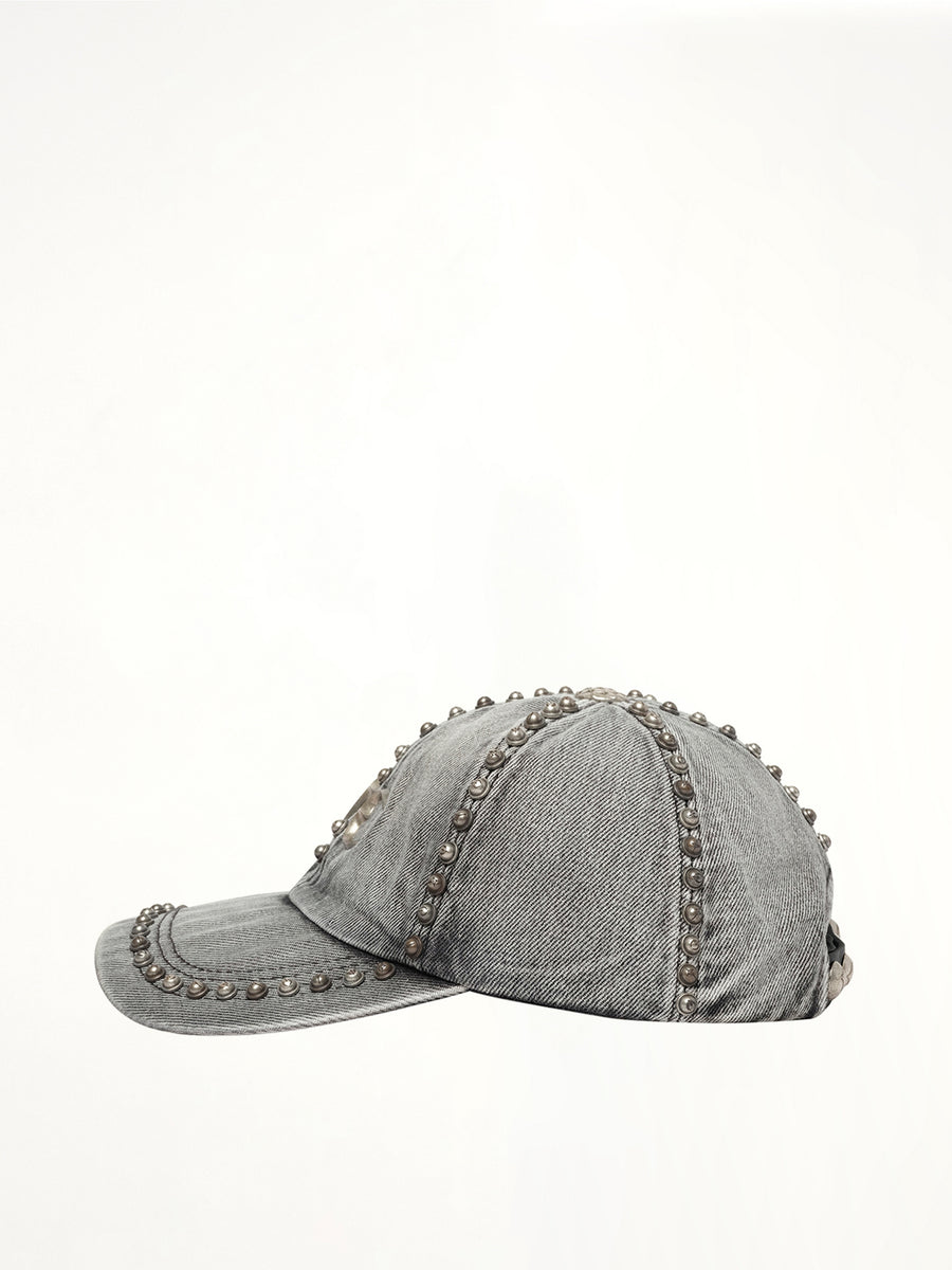 Studded Denim Cap in Black