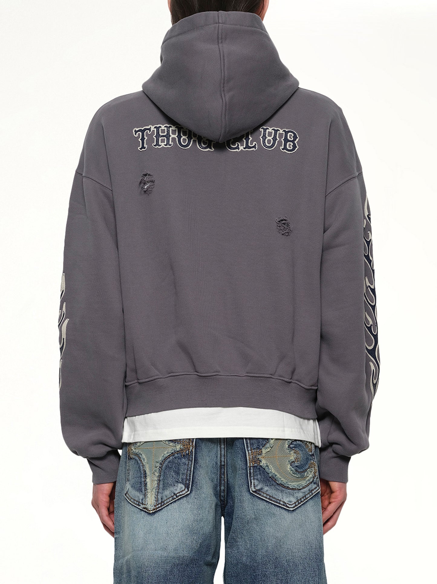 Leather Flame Hooded Zip-Up in Grey