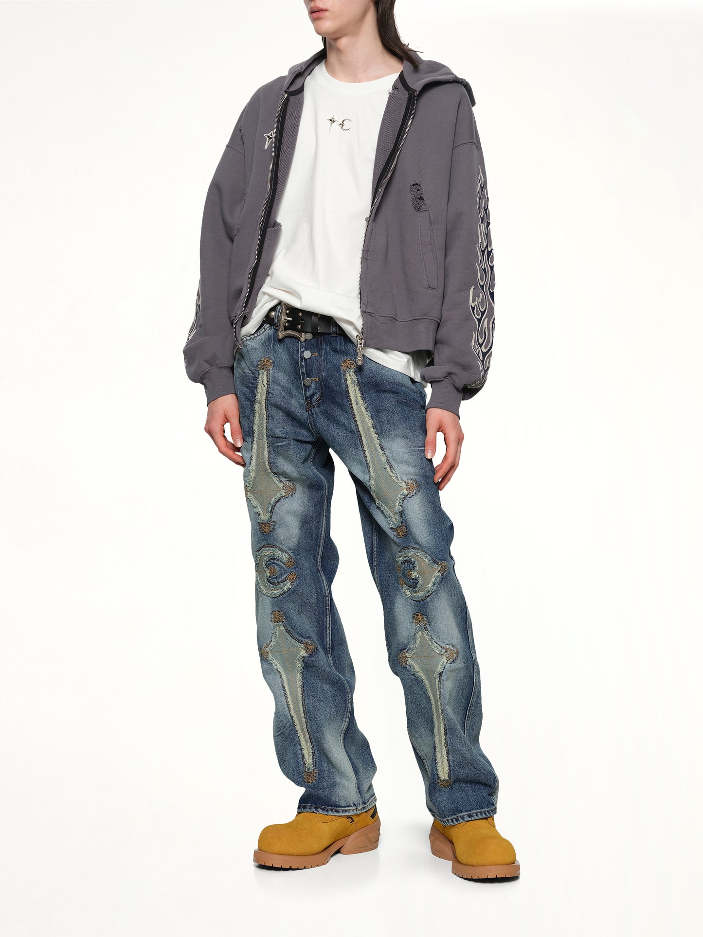 Leather Flame Hooded Zip-Up in Grey