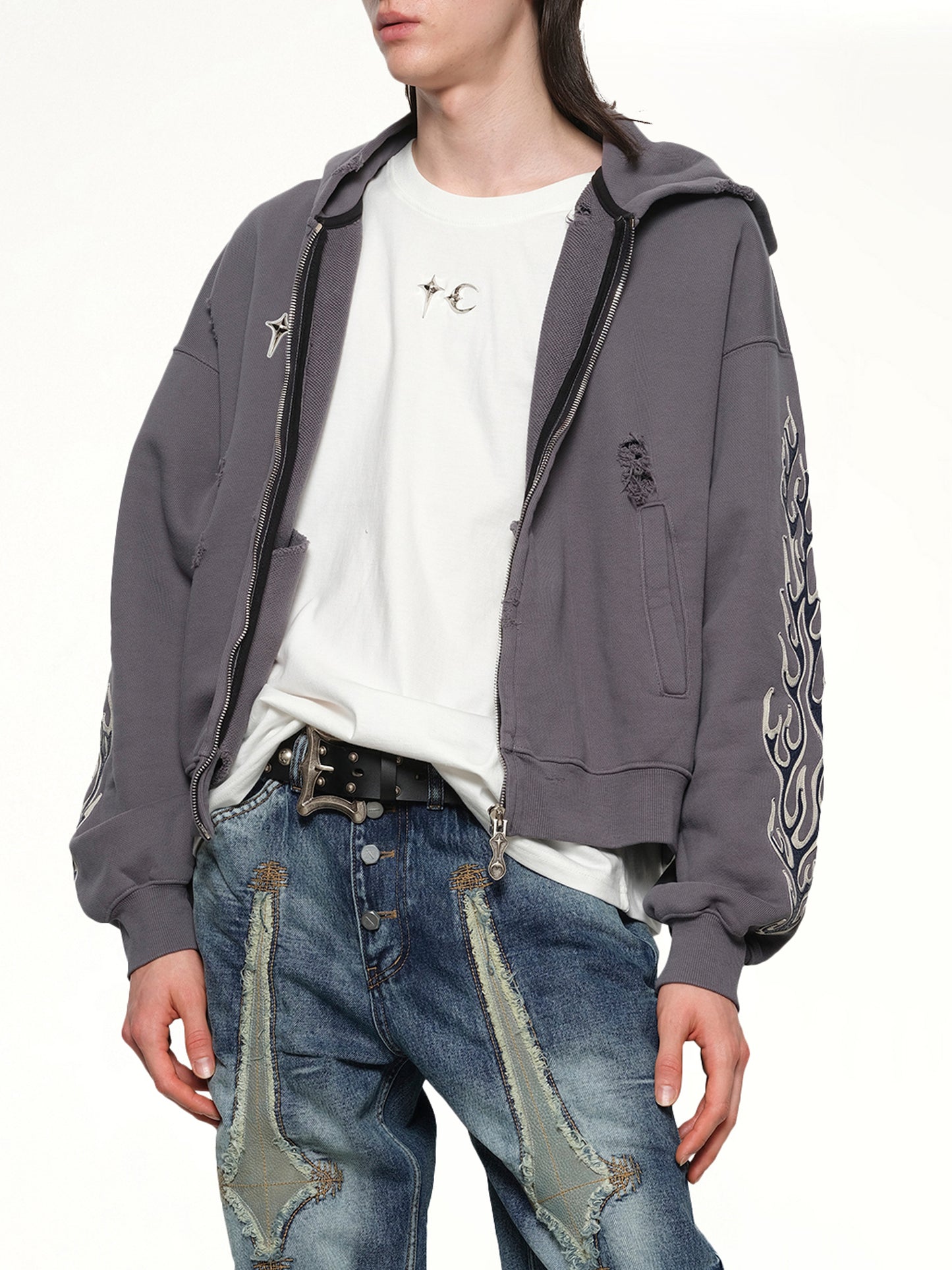 Leather Flame Hooded Zip-Up in Grey