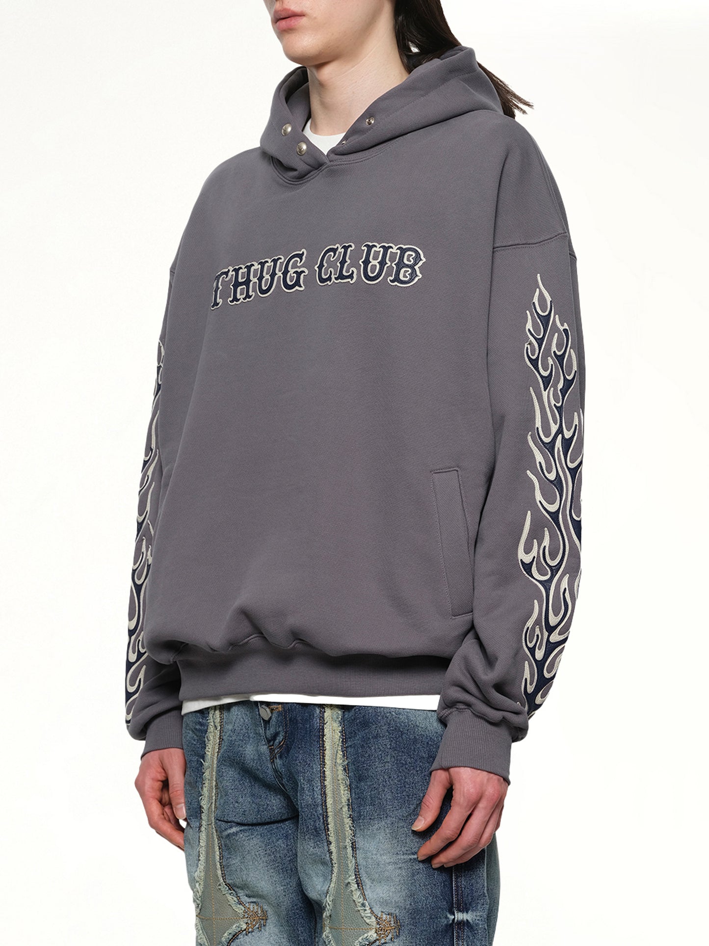 Leather Flame Hoodie in Grey