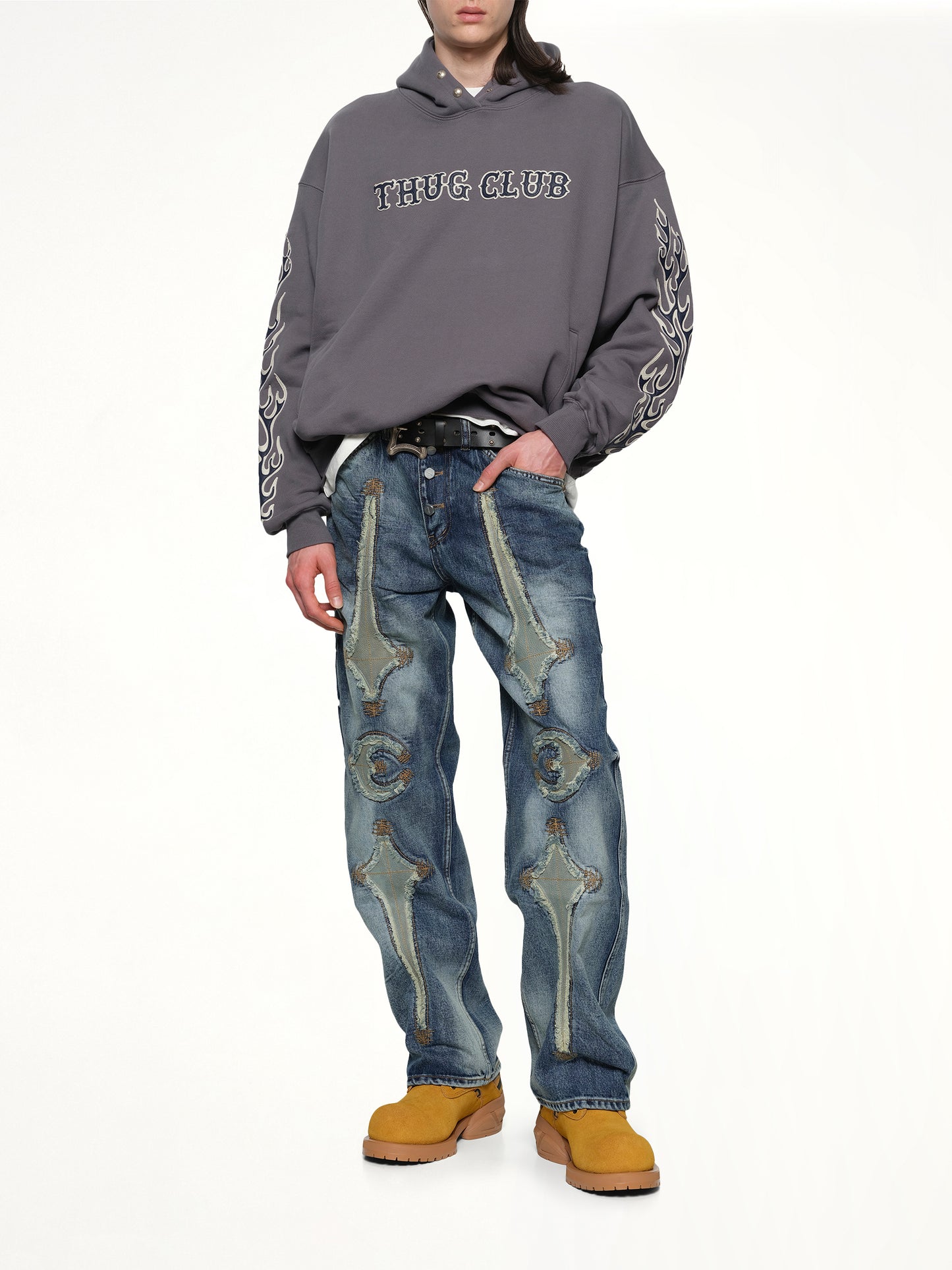 Leather Flame Hoodie in Grey