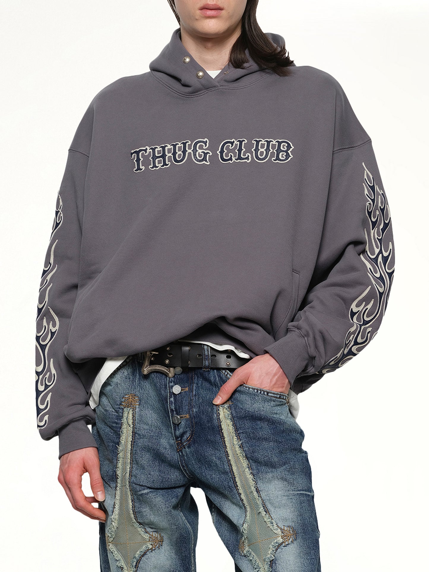 Leather Flame Hoodie in Grey