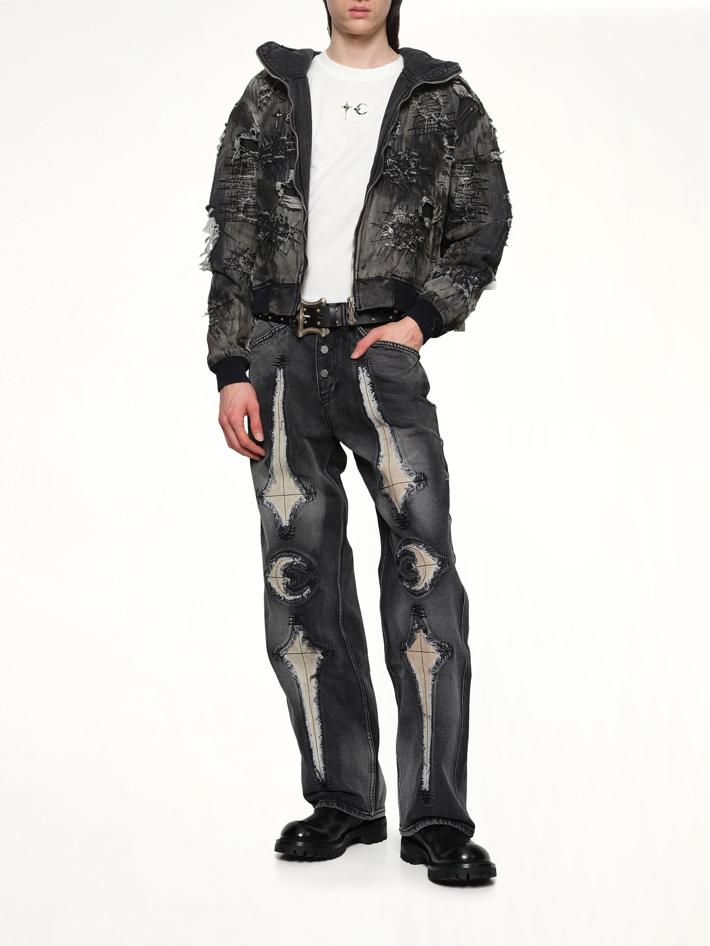 Hard-Washed Damaged Denim Hooded Zip-Up in Black