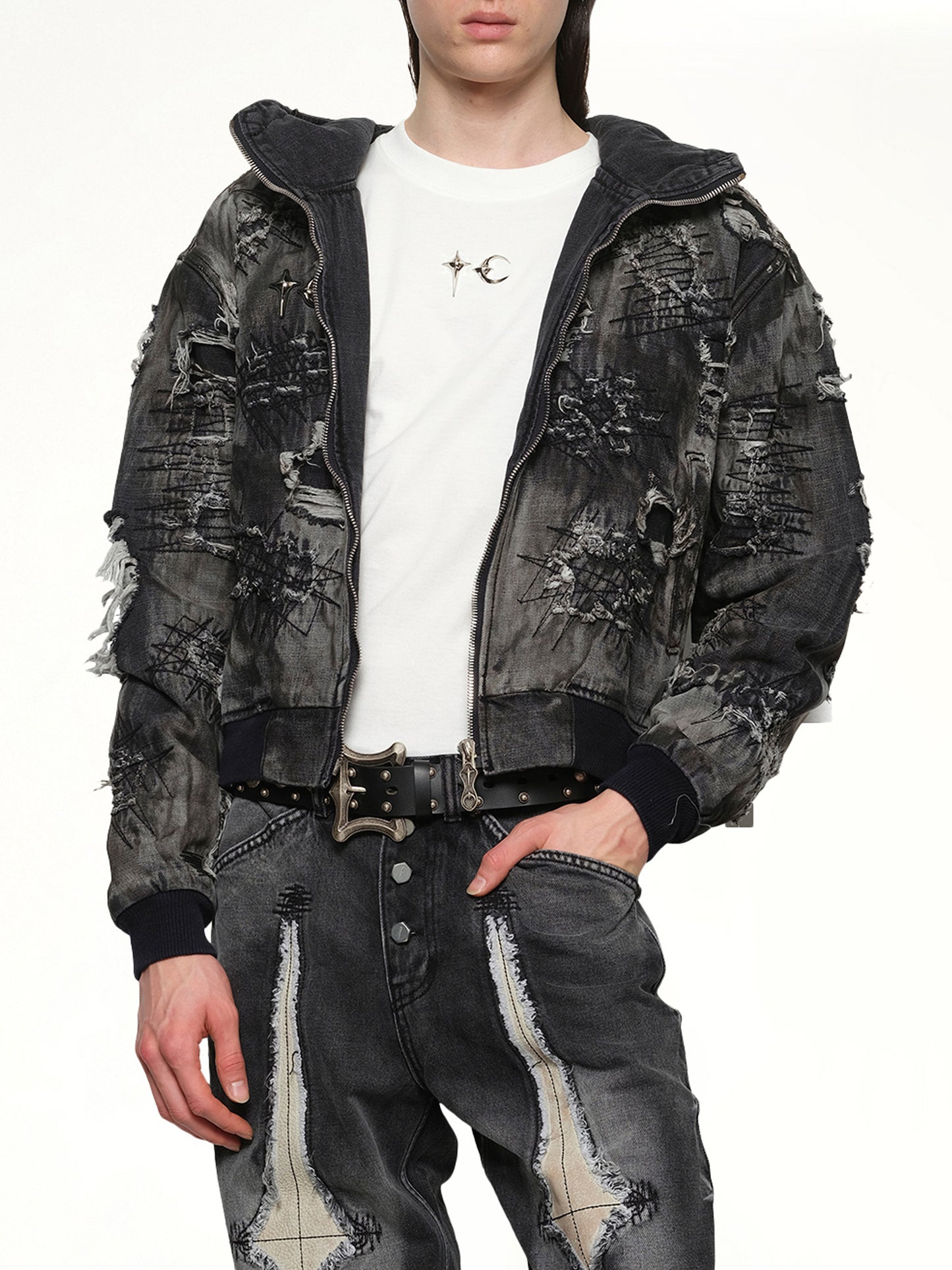 Hard-Washed Damaged Denim Hooded Zip-Up in Black