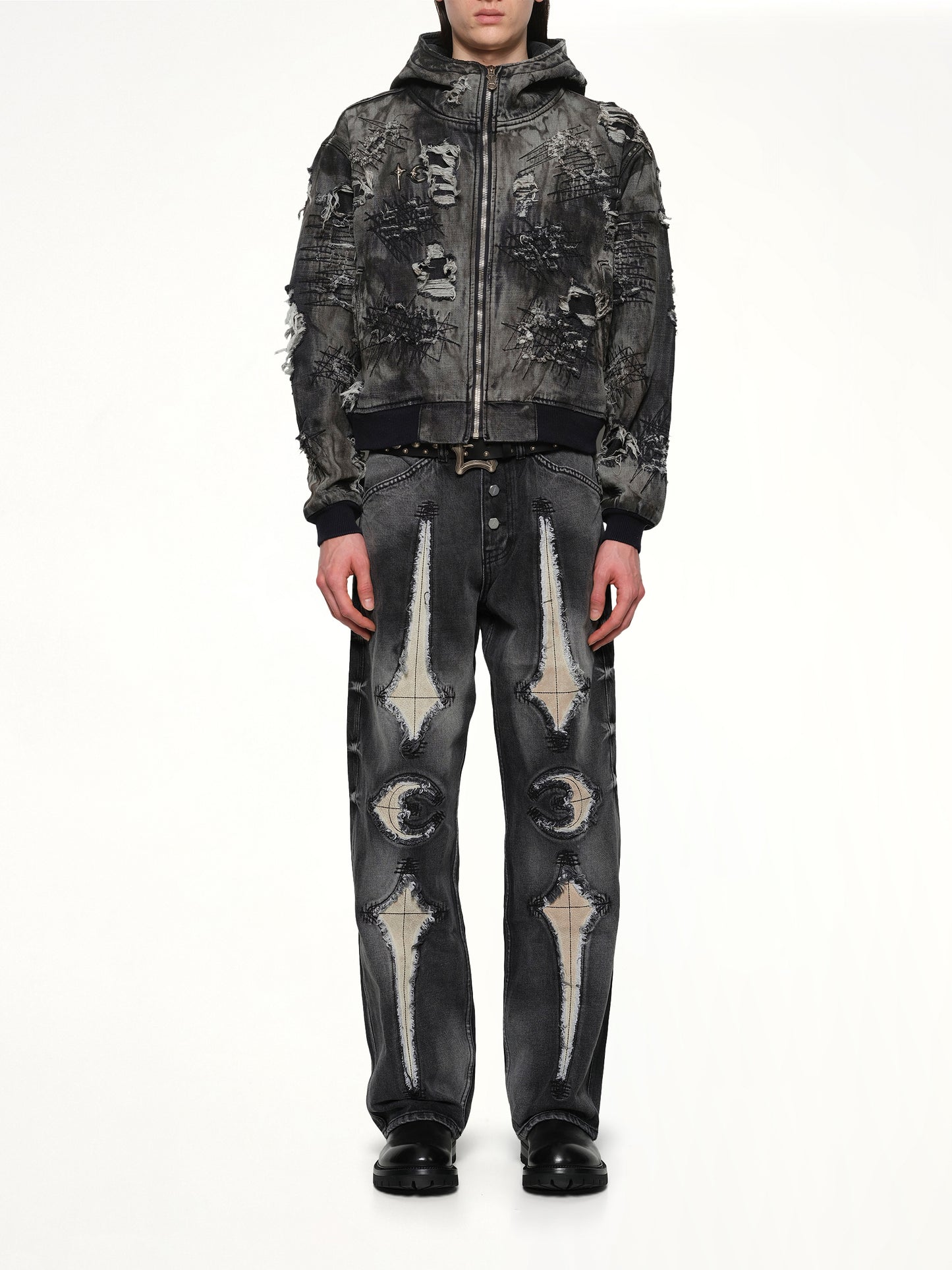 Hard-Washed Damaged Denim Hooded Zip-Up in Black