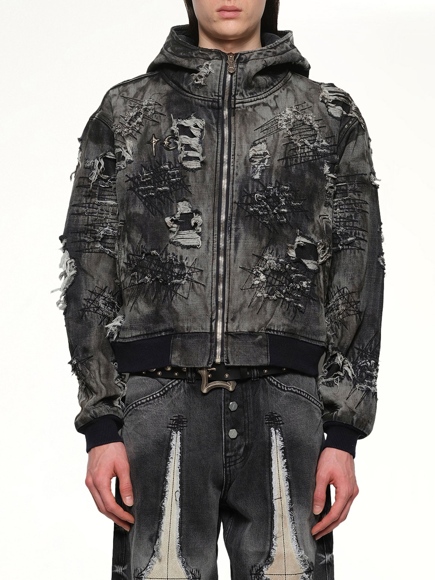 Hard-Washed Damaged Denim Hooded Zip-Up in Black