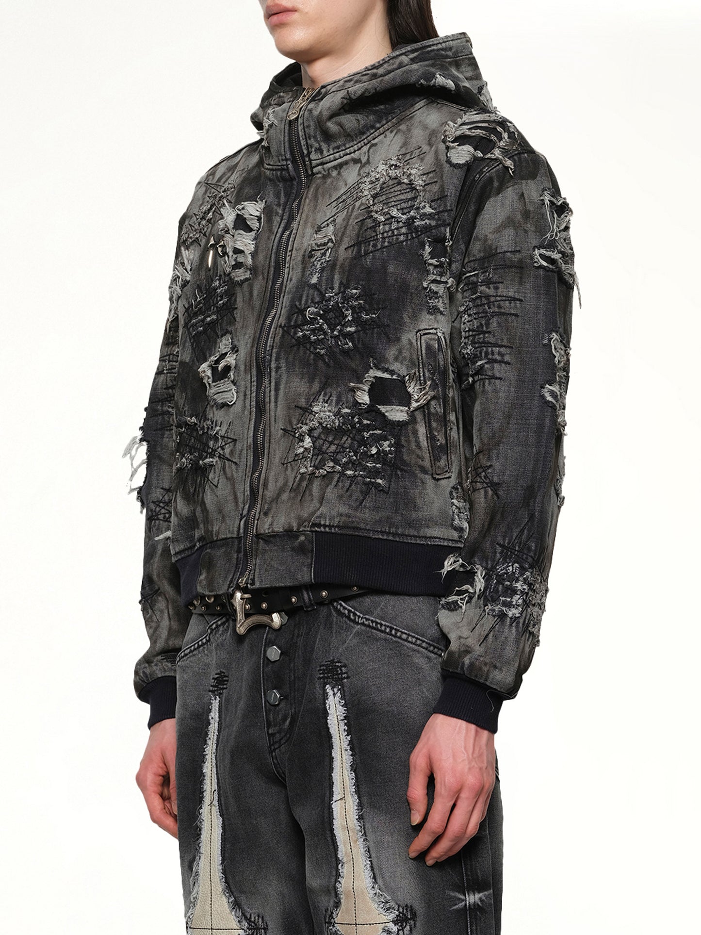 Hard-Washed Damaged Denim Hooded Zip-Up in Black